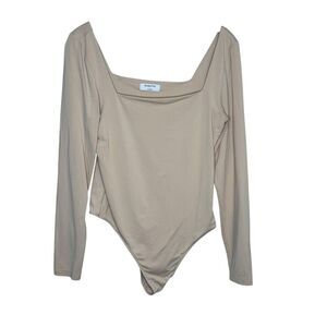 Babaton Bodysuit Womens Large Beige Stretch Jersey Long Sleeve Square Neck Top